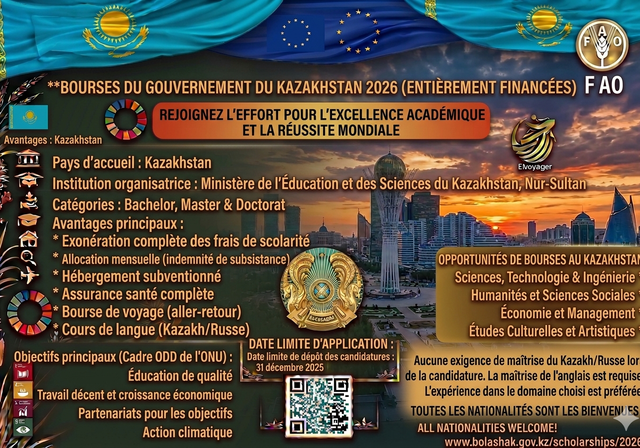 Bourses d'études du gouvernement du Kazakhstan 2026 (entièrement financées) - Niveaux d'études : Licence, Master, Doctorat