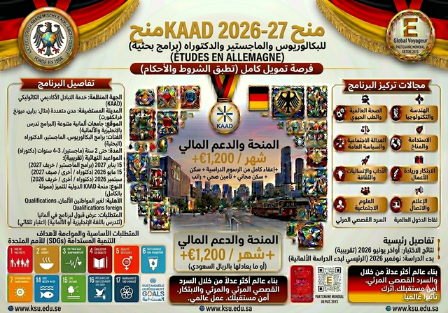 منح KAAD الدراسية للعام الدراسي 2026-2027 في ألمانيا (ممولة بالكامل) - مستوى الدراسة: ماجستير، دكتوراه، ما بعد الدكتوراه