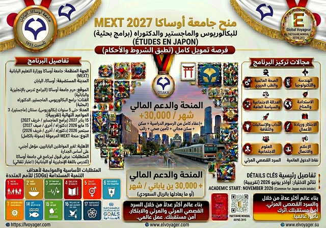 منح جامعة أوساكا الدراسية المقدمة من وزارة التعليم والثقافة والرياضة والعلوم والتكنولوجيا (MEXT) لعام 2027 في اليابان (ممولة بالكامل) - مستوى الدراسة: البكالوريوس، والماجستير، والدكتوراه