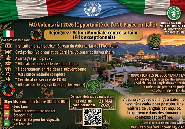 Programme de volontariat FAO 2026 à Rome, Italie (Opportunité rémunérée des Nations Unies) - Durée : 3 à 11 mois
