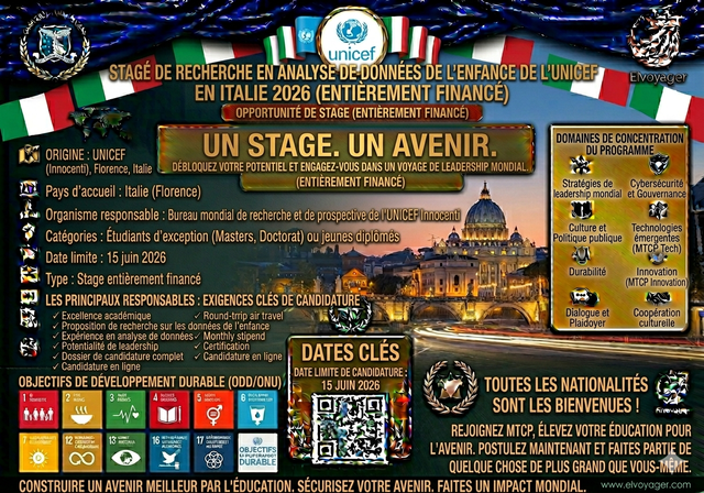 Stage d'analyse de données sur l'enfance à l'UNICEF en Italie 2026 (entièrement financé) - Durée : 2 à 6 mois