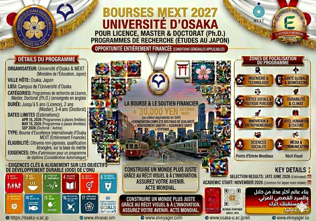 Bourses d'études MEXT de l'Université d'Osaka 2027 au Japon (entièrement financées) - Niveau d'études : Licence, Master et Doctorat