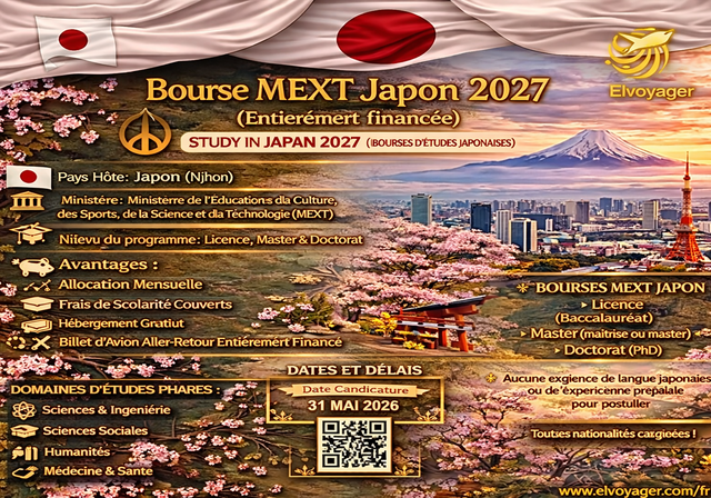 Bourse MEXT Japon 2027 (entièrement financée) - Niveau d'études : Licence