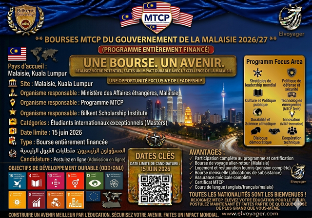 Bourse MTCP Malaisie 2026/27 (entièrement financée) - Programme : Maîtrise